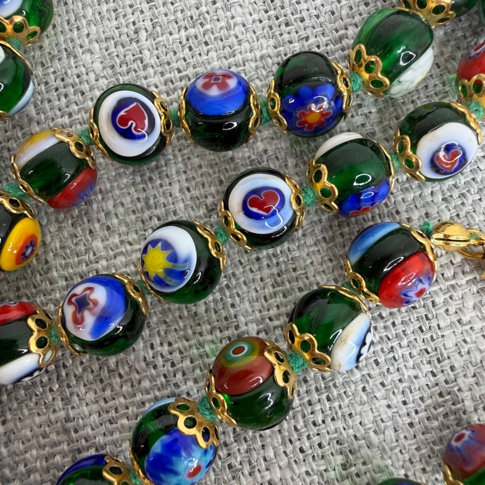Millefiori Murano Glass Knotted Italian Floral Beaded Necklace 24" VTG - Picture 5 of 11